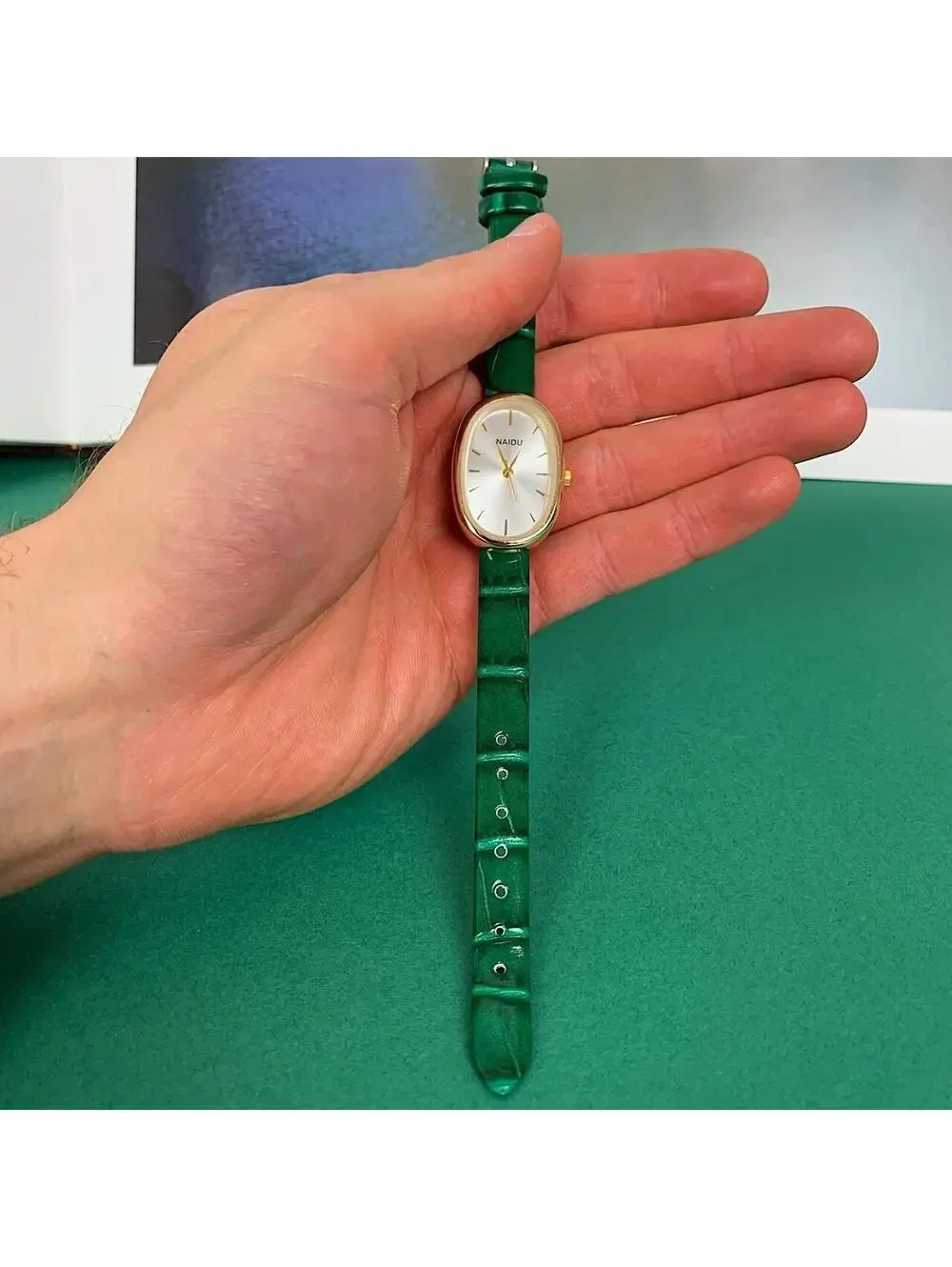 Y2k style green leather gold and silver luxury classy sport watch. 8 inches